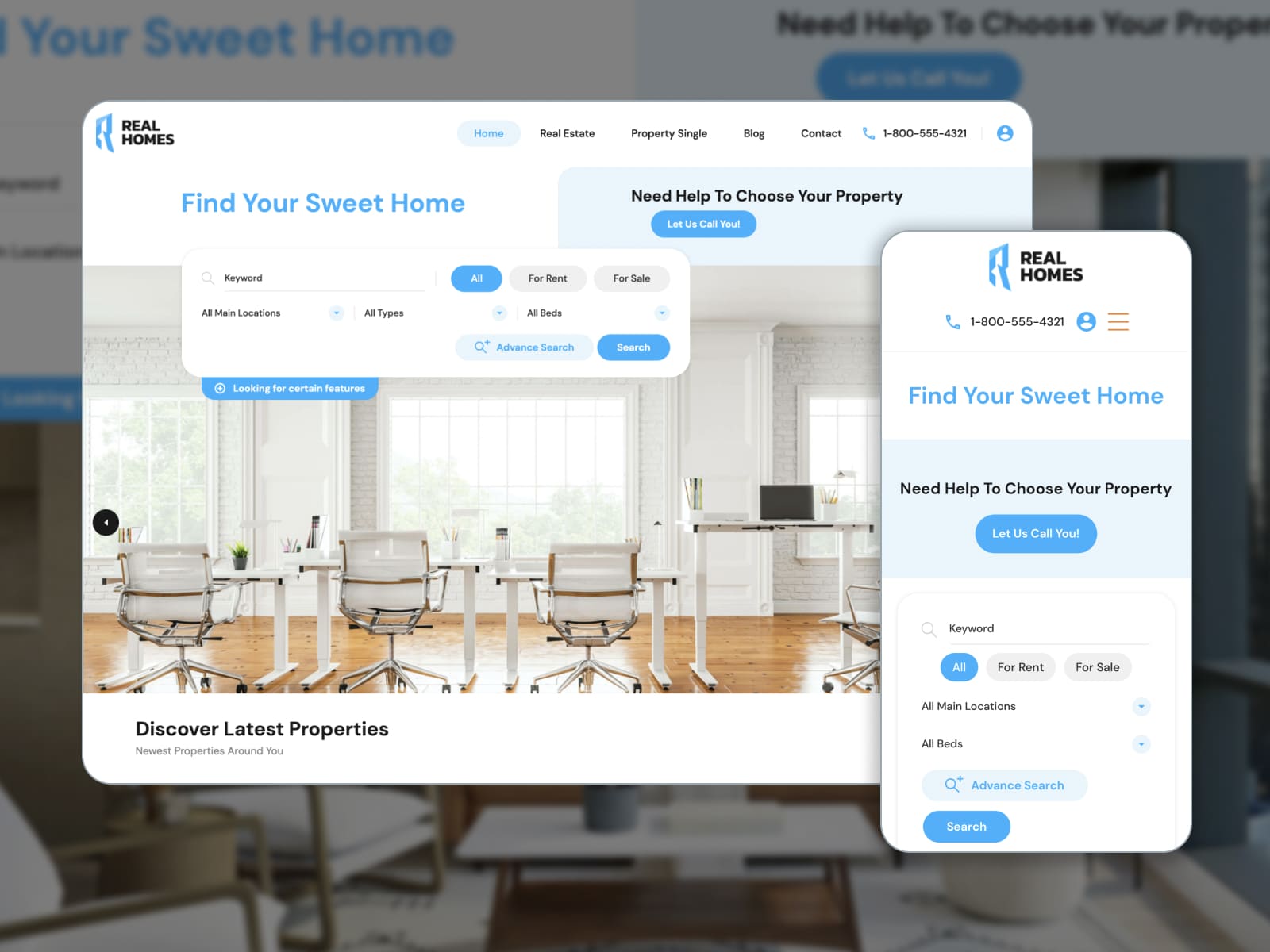 The RealHomes WordPress theme with an advanced search form.