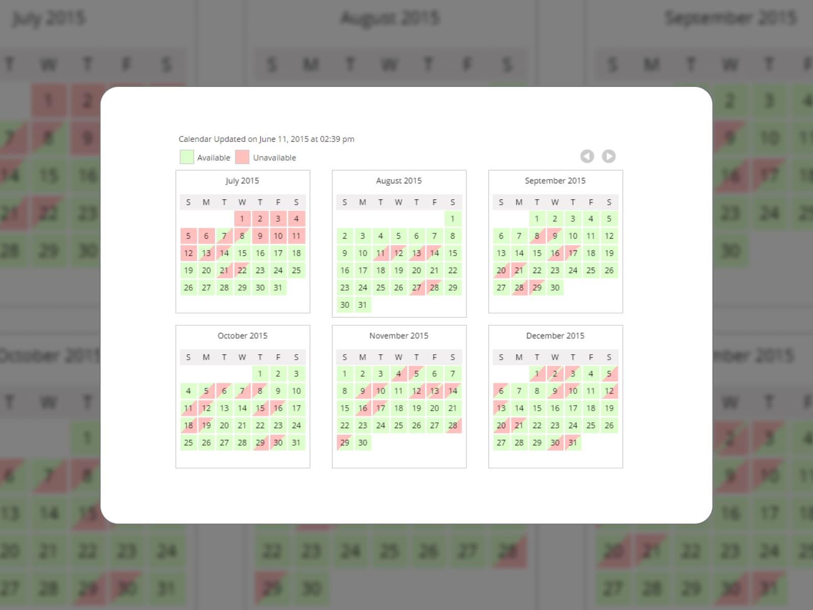 Available and unavailable days marked in a calendar of the VR calendar.