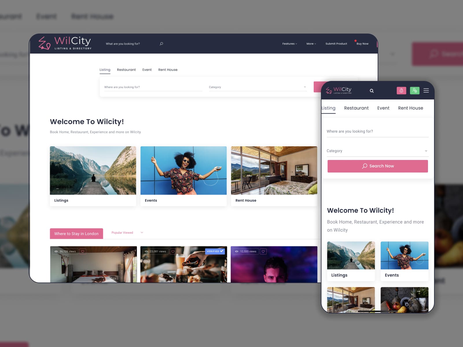 The Wilcity directtory theme with a desktop and mobile view.