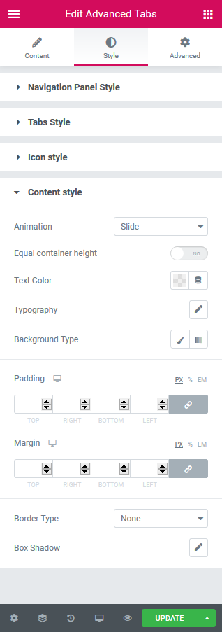 content style elementor tab