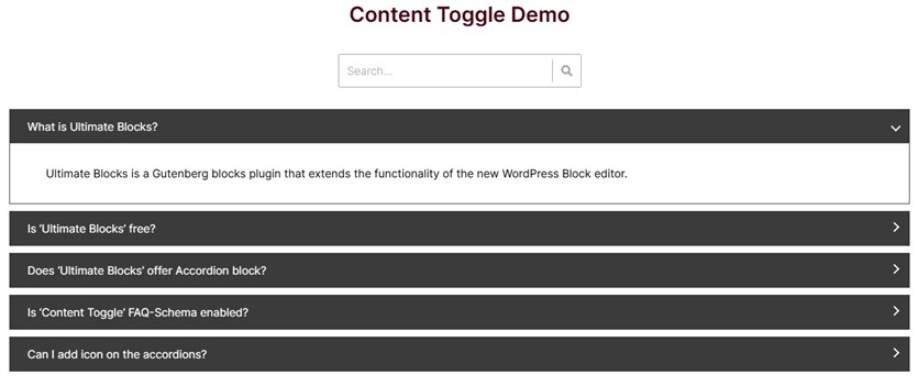 Screenshot of the Content Toggle block of the Ultimate Blocks plugin demo.