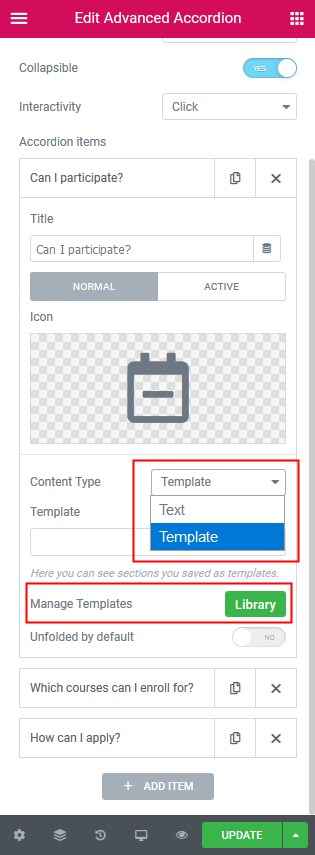 elementor library toggle accordion widget