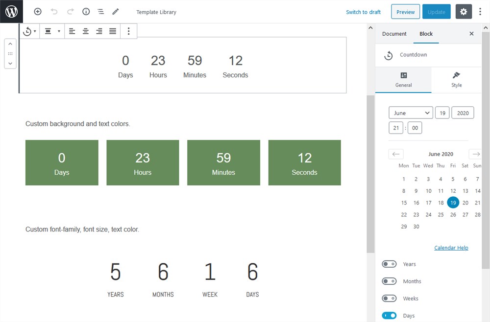 getwid block countdown timer frutta verde