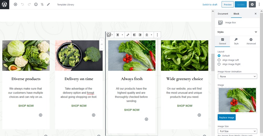 image box block frutta verde wordpress food delivery theme