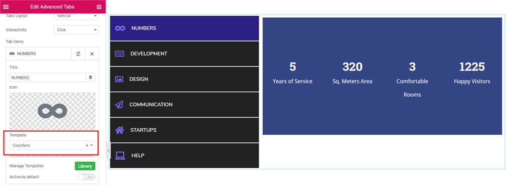 saved template elementor tabs widget