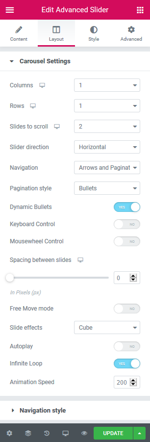 slider carousel settings elementor