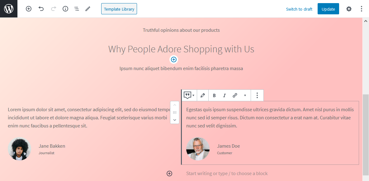 woocommerce storefront theme blocks testimonial