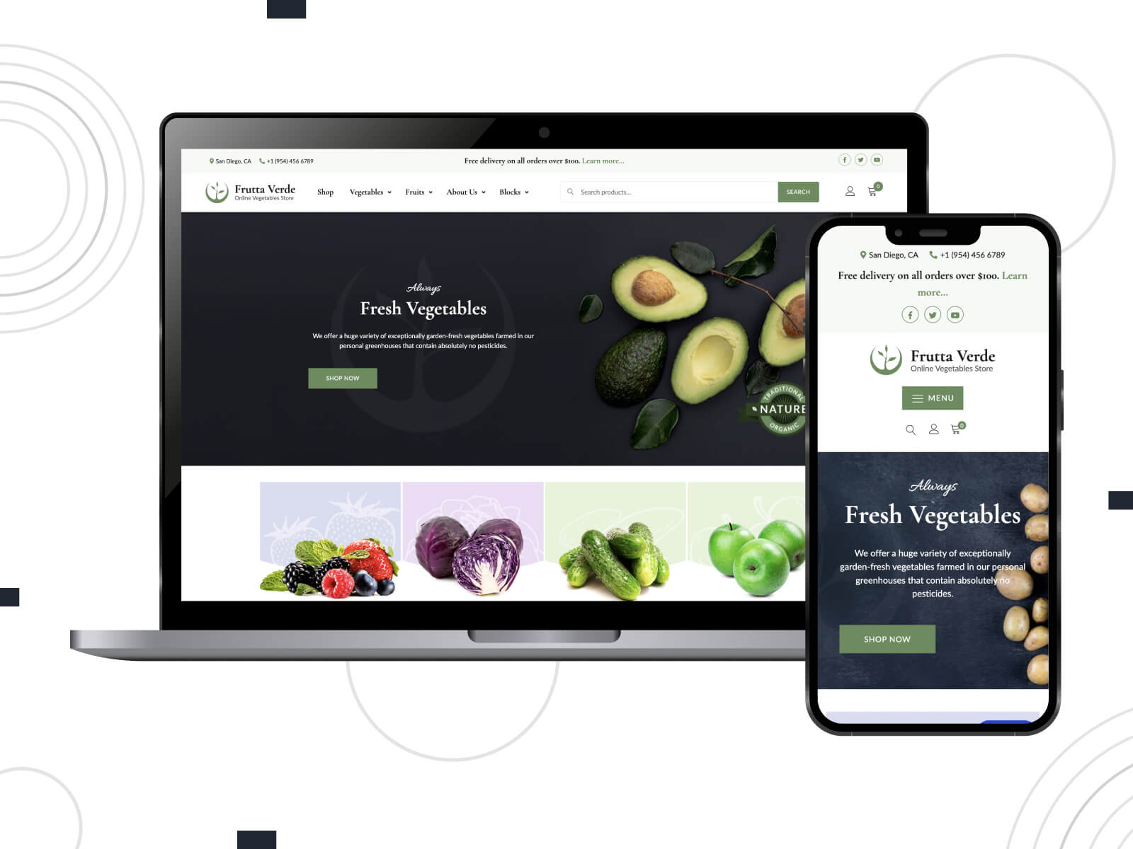 Screenshot of Frutta-verde - shadowed, warm, optimized food delivery theme with booking options for WordPress in dark khaki, indian red, and olive drab color scheme.