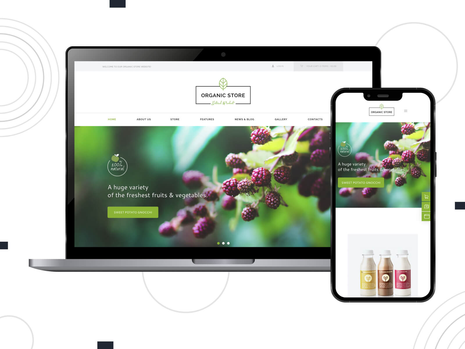 Screenshot of Organic-store - luminous, crisp, organized WordPress theme for caterers with delivery options in dark sea green, sea green, and indian red color array.