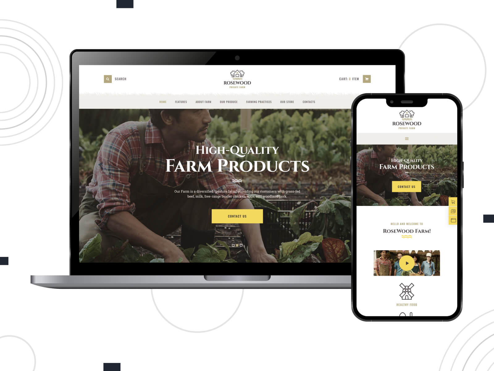 Illustration of Rosewood - shadowed, rich, engaging WordPress theme for cafes offering delivery in dark slate gray, dim gray, and sandy brown color gradation.