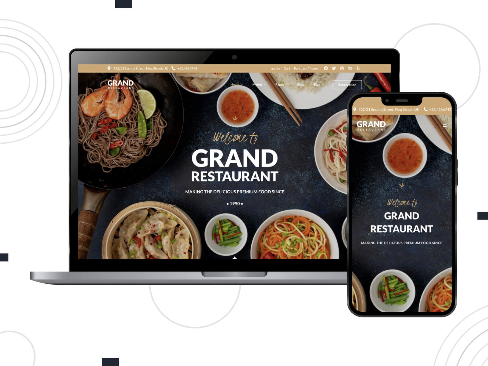 Snapshot of Grand Restaurant - dark, inviting, grid-style WordPress theme for showcasing meal delivery options in rosy brown, and sienna color range.