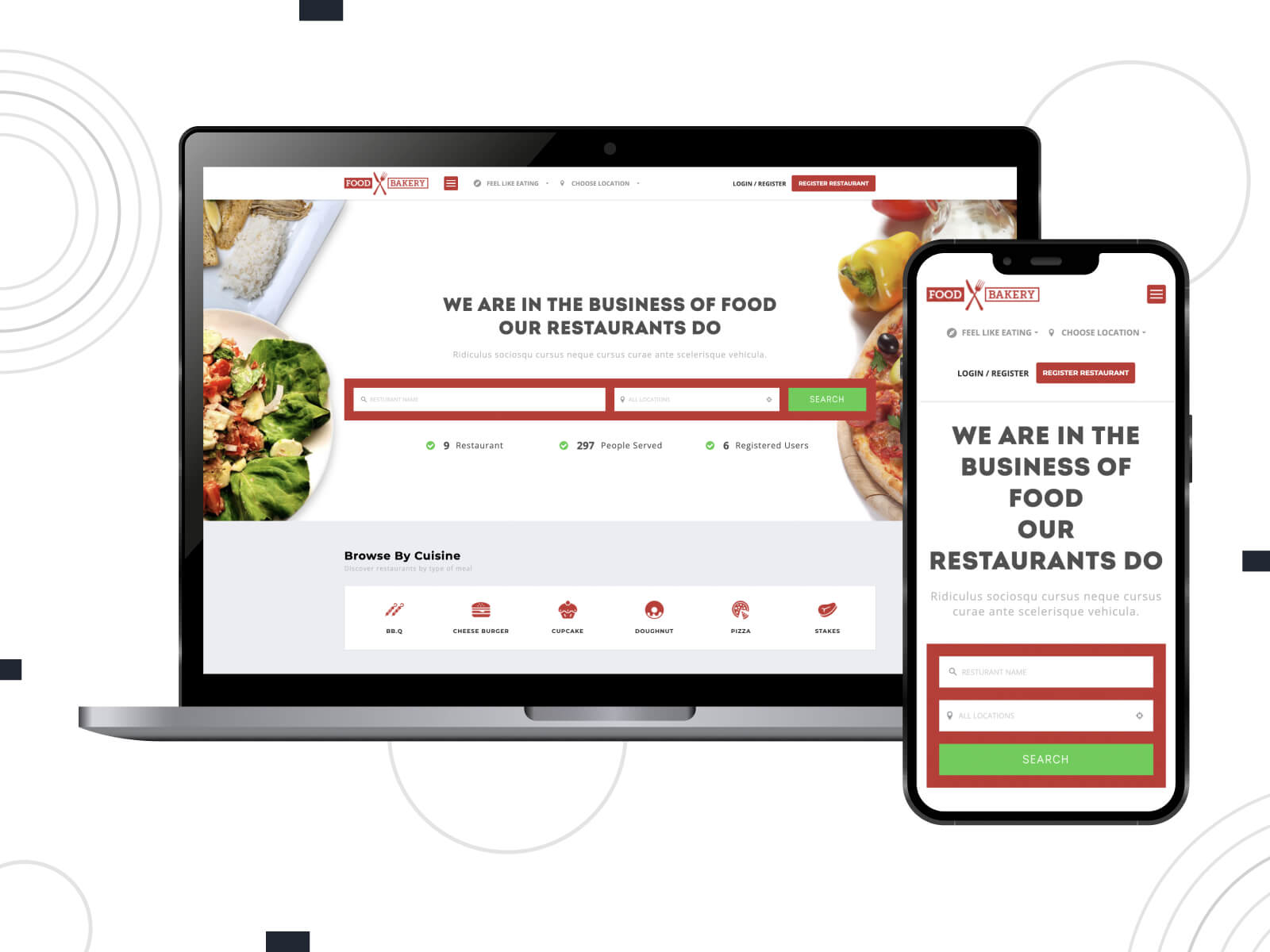 Screenshot of FoodBakery - bright, rich, clean layout WP theme for dine-out delivery services in sienna, dark gray, and dark khaki color mix.