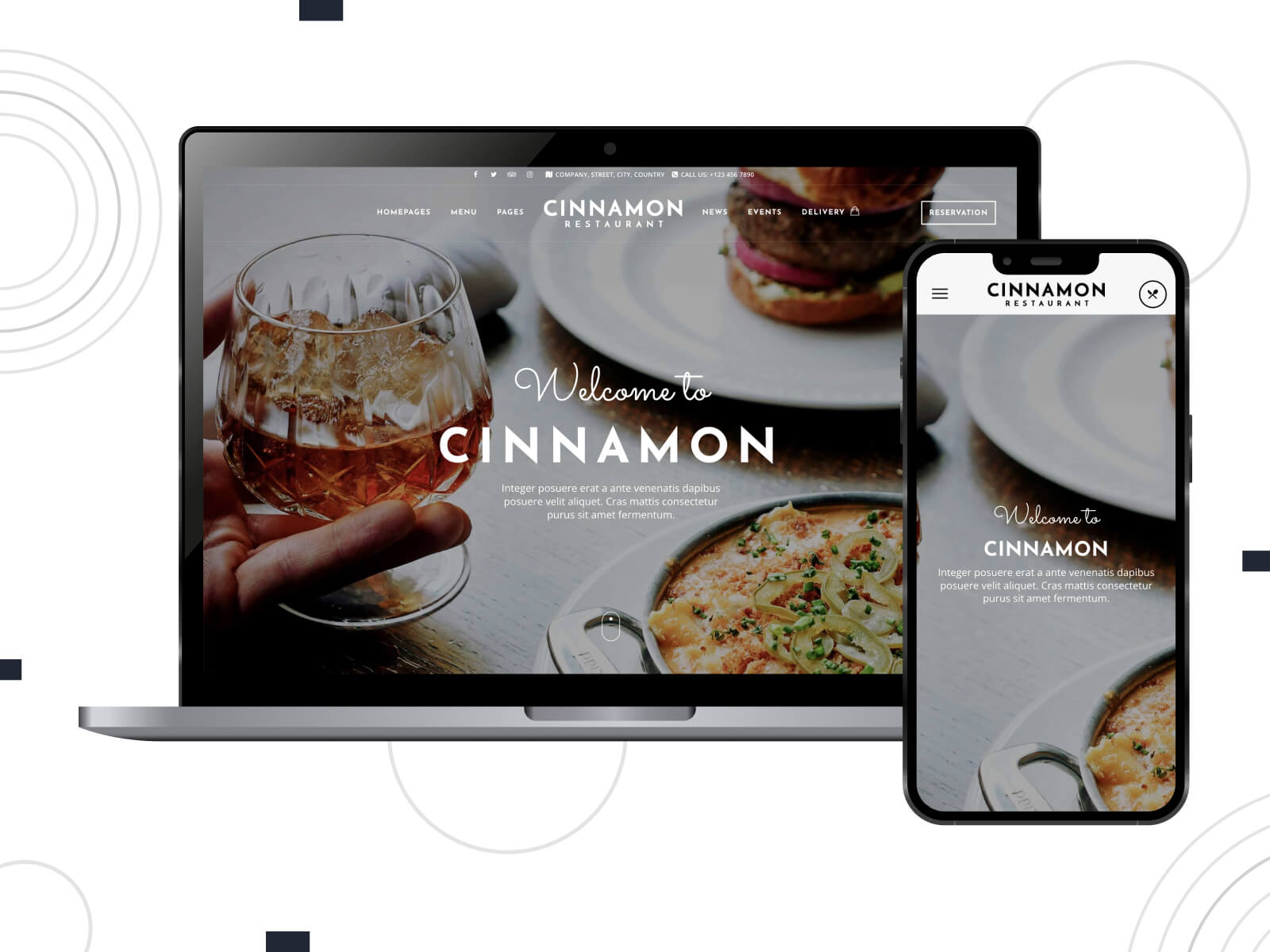 Collage of Cinnamon - dark, calm, mobile-responsive theme for delivery-centric WordPress platforms in saddle brown, dark olive green, and dim gray color combination.