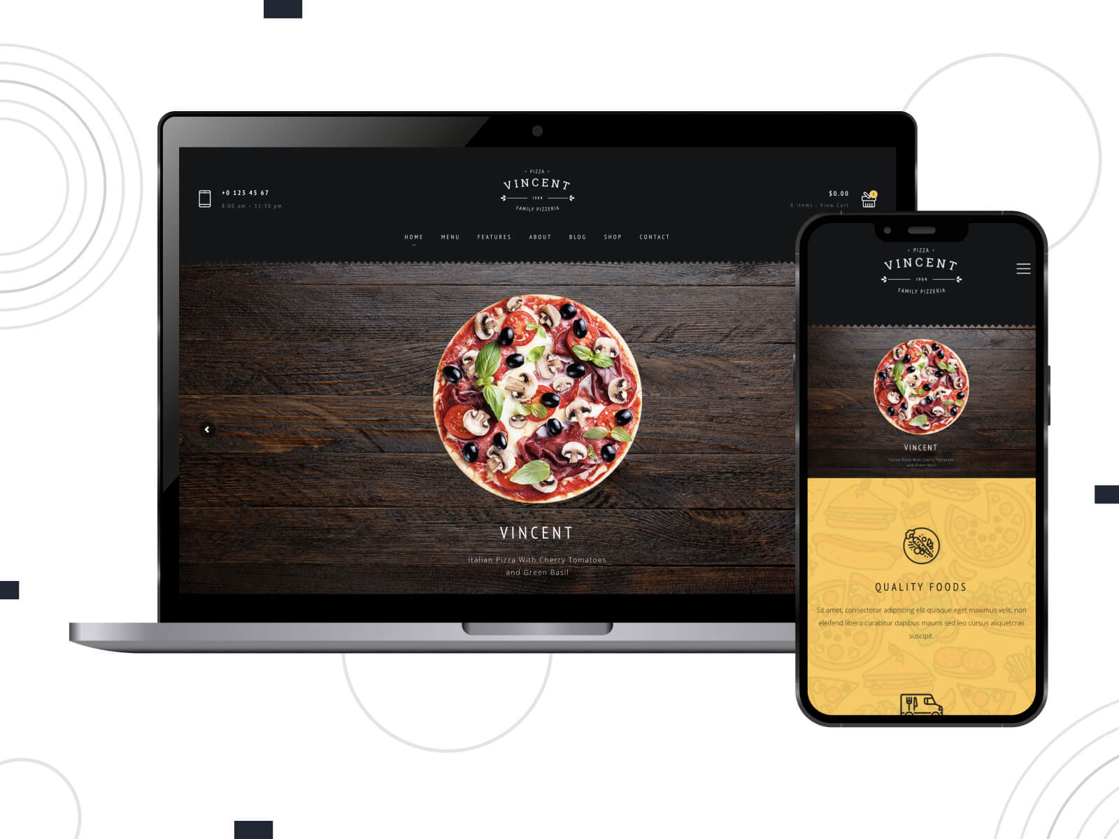 Image of Restaurant Vincent - dark, rich, seamless integration theme for restaurant chains with delivery in brown, dim gray, and tan color array.