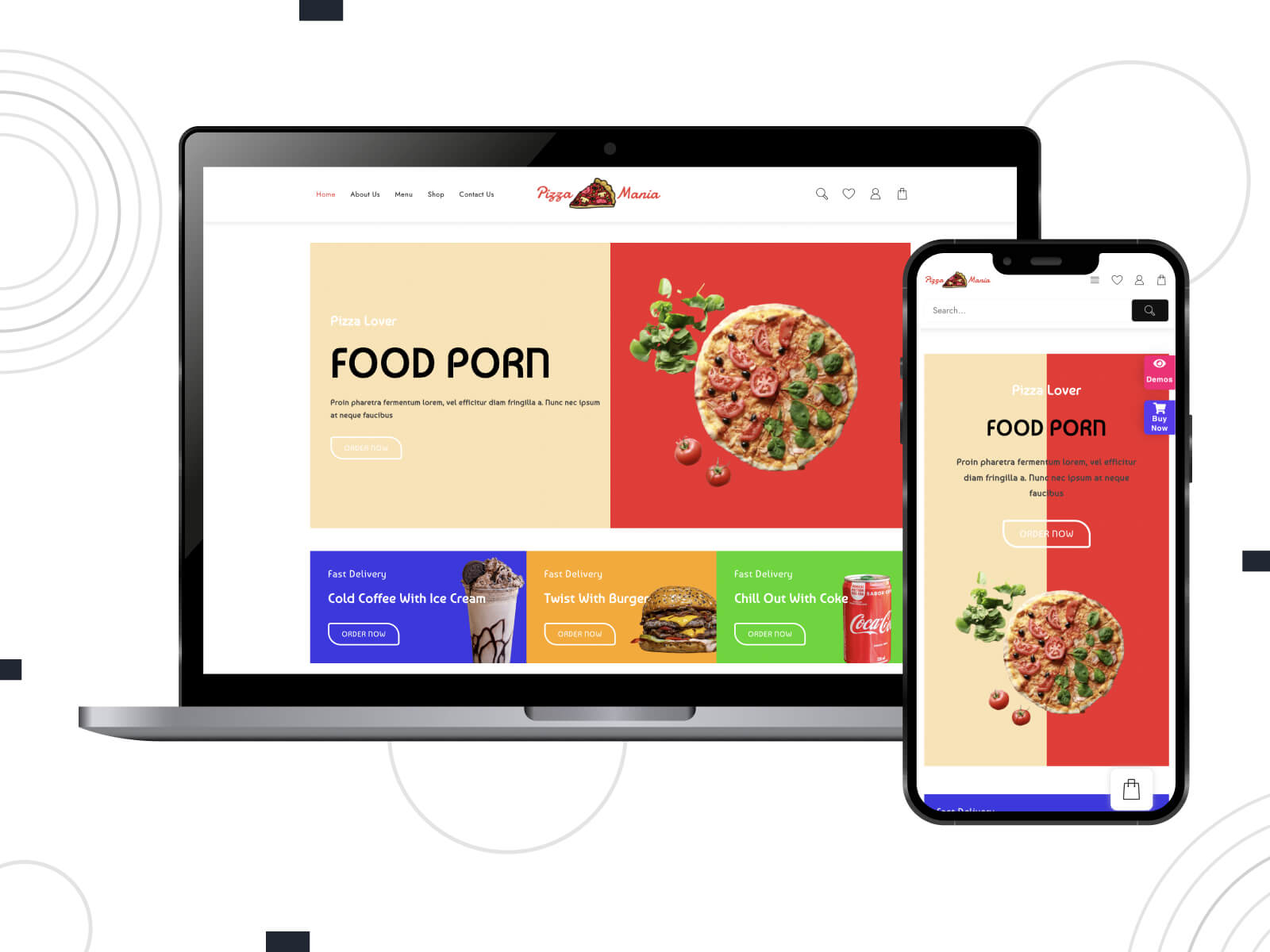 Photo of TH Shop Mania - light, calm, fast and efficient WP theme for on-the-go food ordering in crimson, midnight blue, and yellow green color scheme.