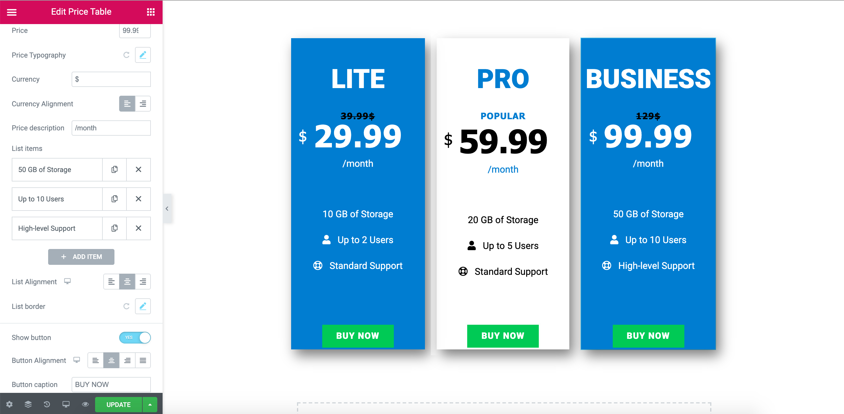 Price Table Elementor Widget