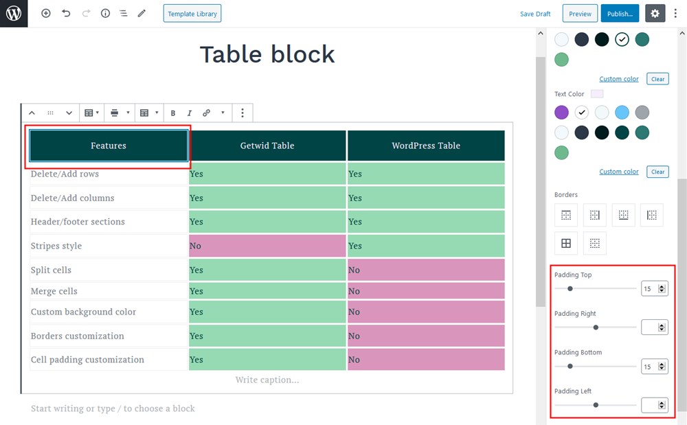 cell paddings gutenberg table block