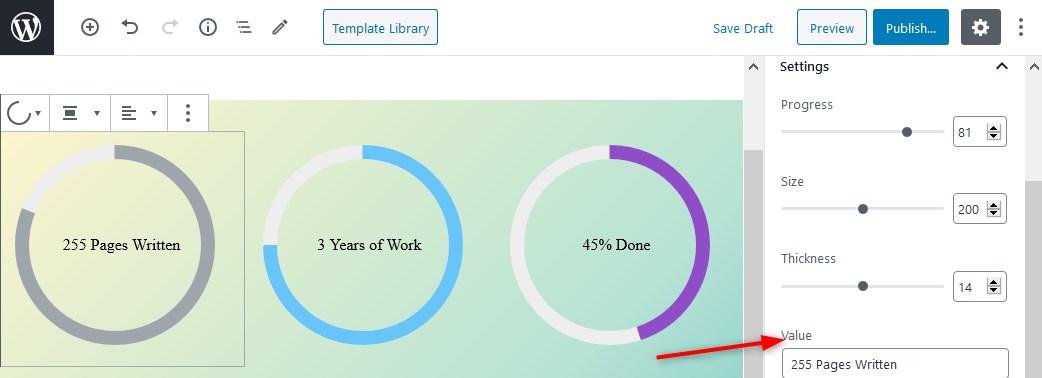 getwid plugin circular progress bar value