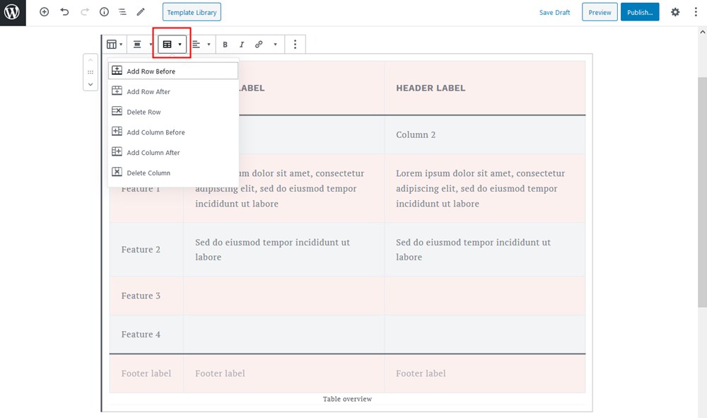 Column settings to create a table with a WordPress Gutenberg block.