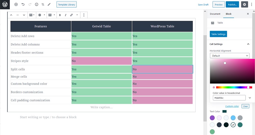 custom colors table gutenberg block