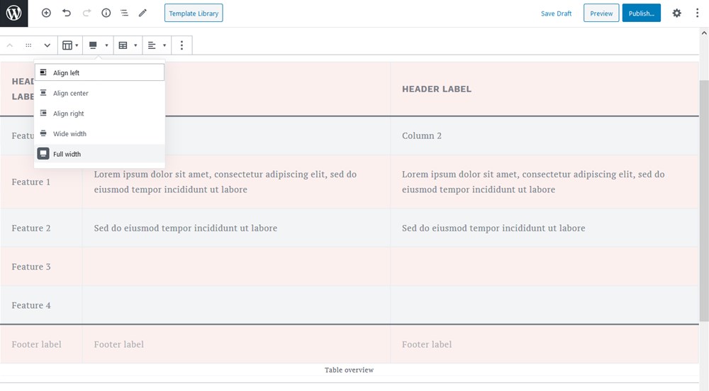 Creating a full-width striped table with a Getwid WordPress plugin.