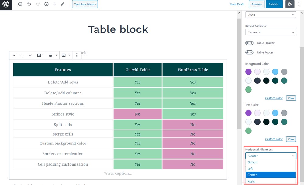horizontal alignment table gutenberg block