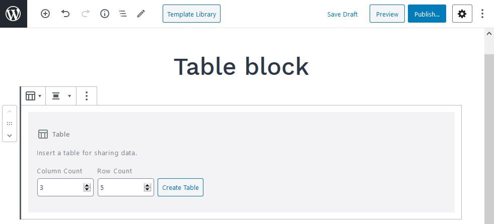 Adding a Table Block in WordPress Gutenberg editor.