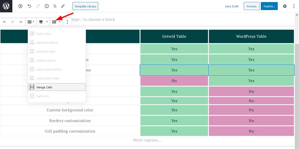 merge cells wordpress table gutenberg block