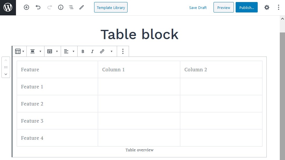 A WordPress Gutenberg table block with three columns and five rows.