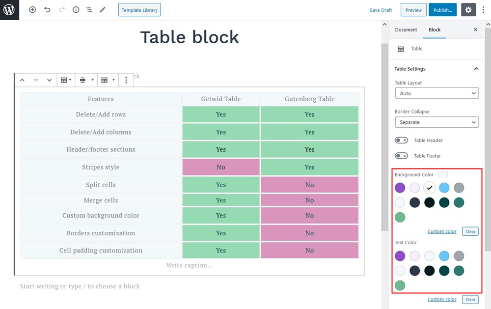 gutenberg block table colors