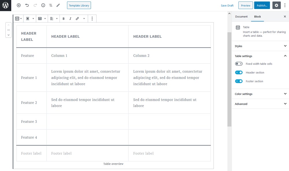 Highlighted header and footer sections in a WP table block.