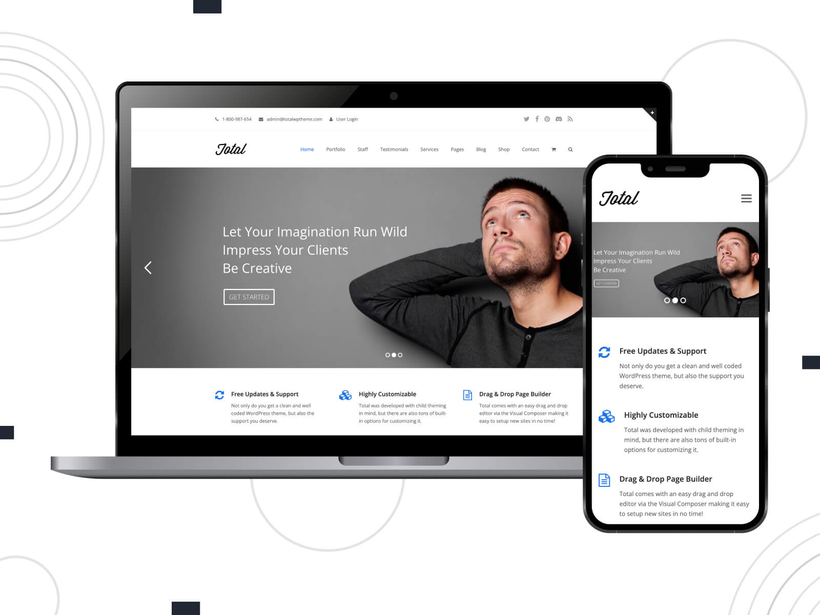 Image of Total - luminous, inviting, with regular updates and improvements, this theme stands out for its commitment to quality among multipurpose WordPress themes in light gray, light steel blue, and dark olive green color combination.