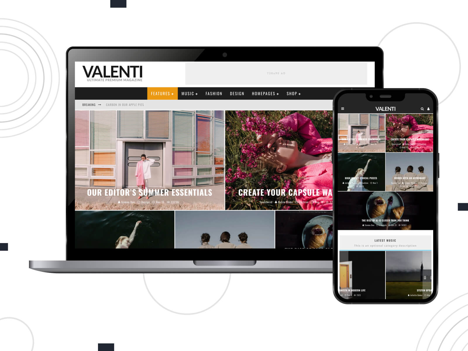 Collage of Valenti - dark, inviting, magazine-driven theme with detailed service listings in dark gray, sienna, and saddle brown color range.