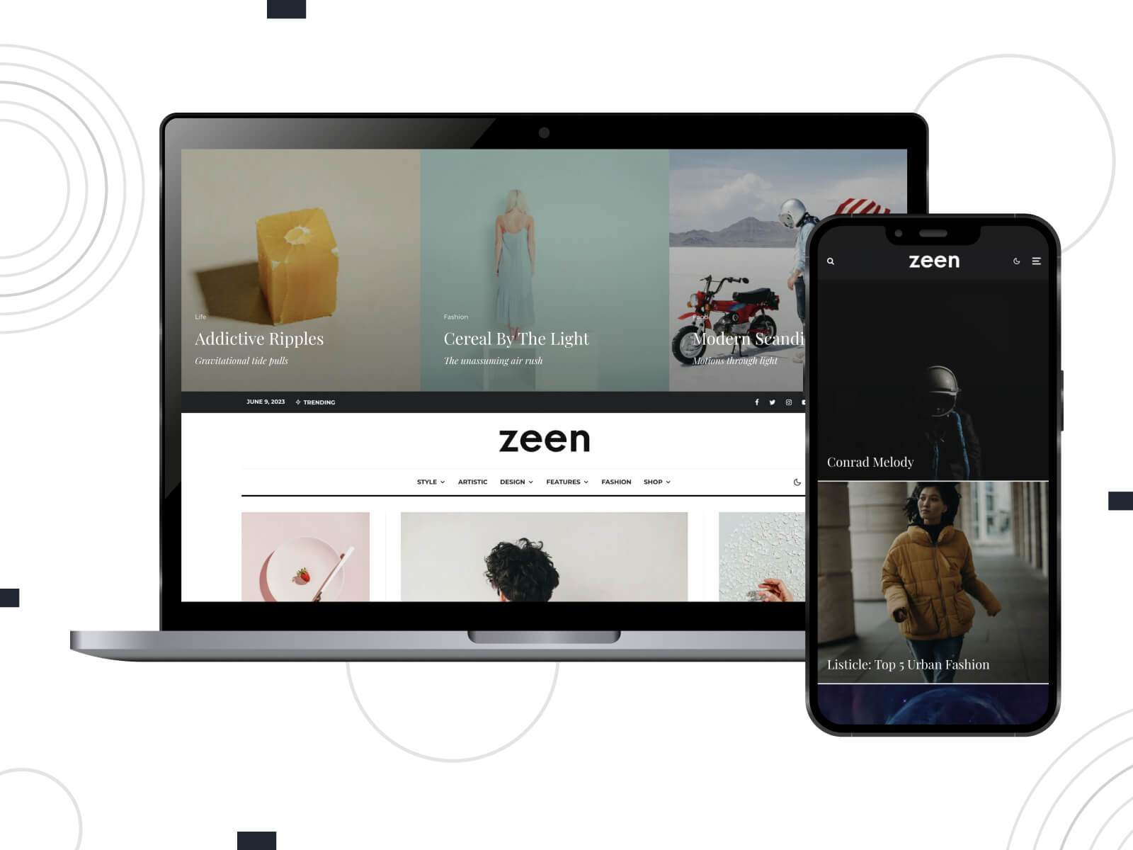 Picture of Zeen - light, cool, feature-rich WordPress theme for magazine profiles in dark olive green, sienna, and gray color mix.