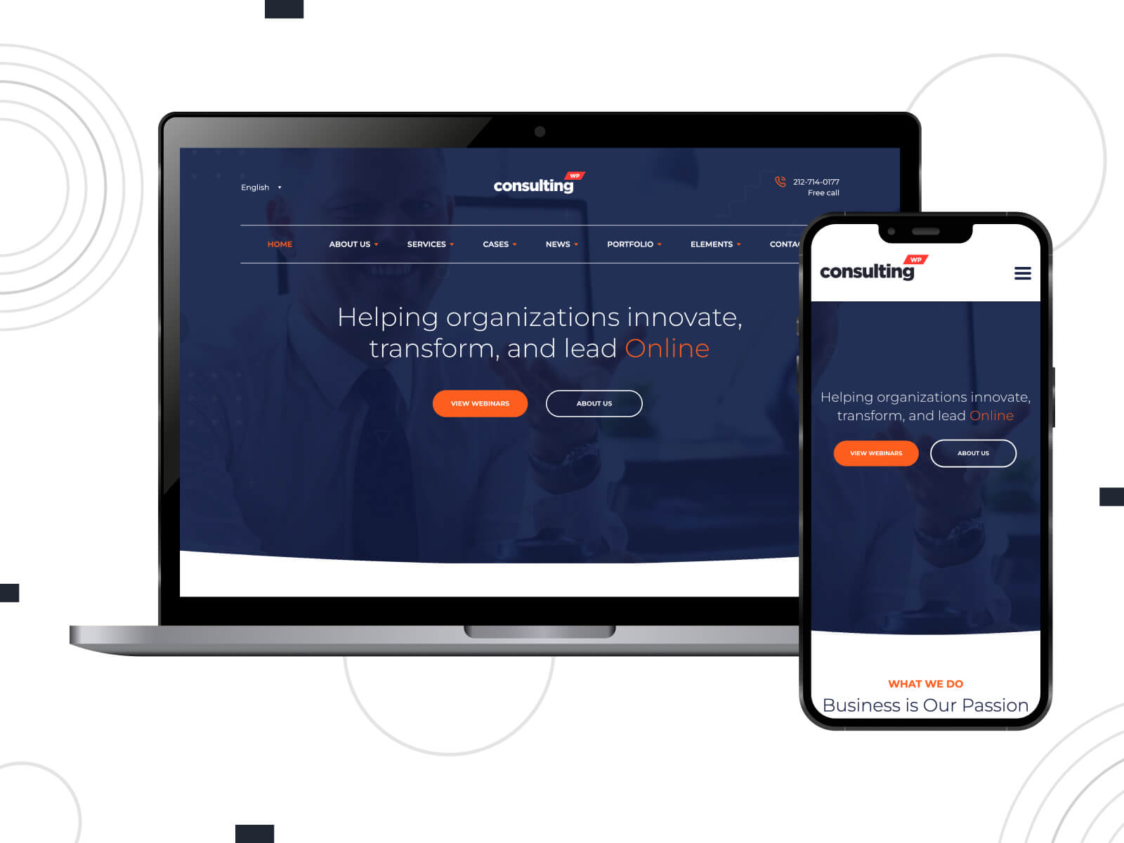 Image of Consulting - dim, calm, offering one-click demo import functionality, this theme is recognized as a top choice among multipurpose WordPress themes for beginners in midnight blue, sienna, and tan color palette.