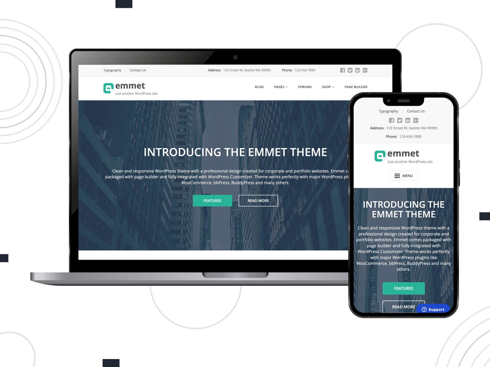 Picture of Emmet Lite - dark, calm, known for its drag-and-drop page builder, this theme is celebrated as a leading multipurpose WordPress theme for easy customization in light sea green, dark slate gray, and dim gray color mix.