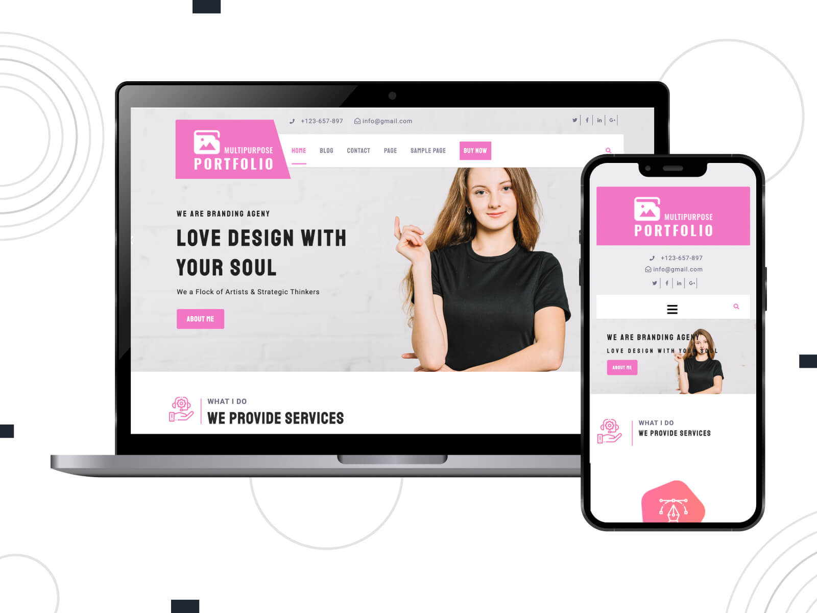 Collage of Multipurpose-portfolio-pro - bright, warm, featuring a wide range of demo templates, this theme stands out among multipurpose WordPress themes for its quick setup options in sienna, peru, and hot pink color combination.