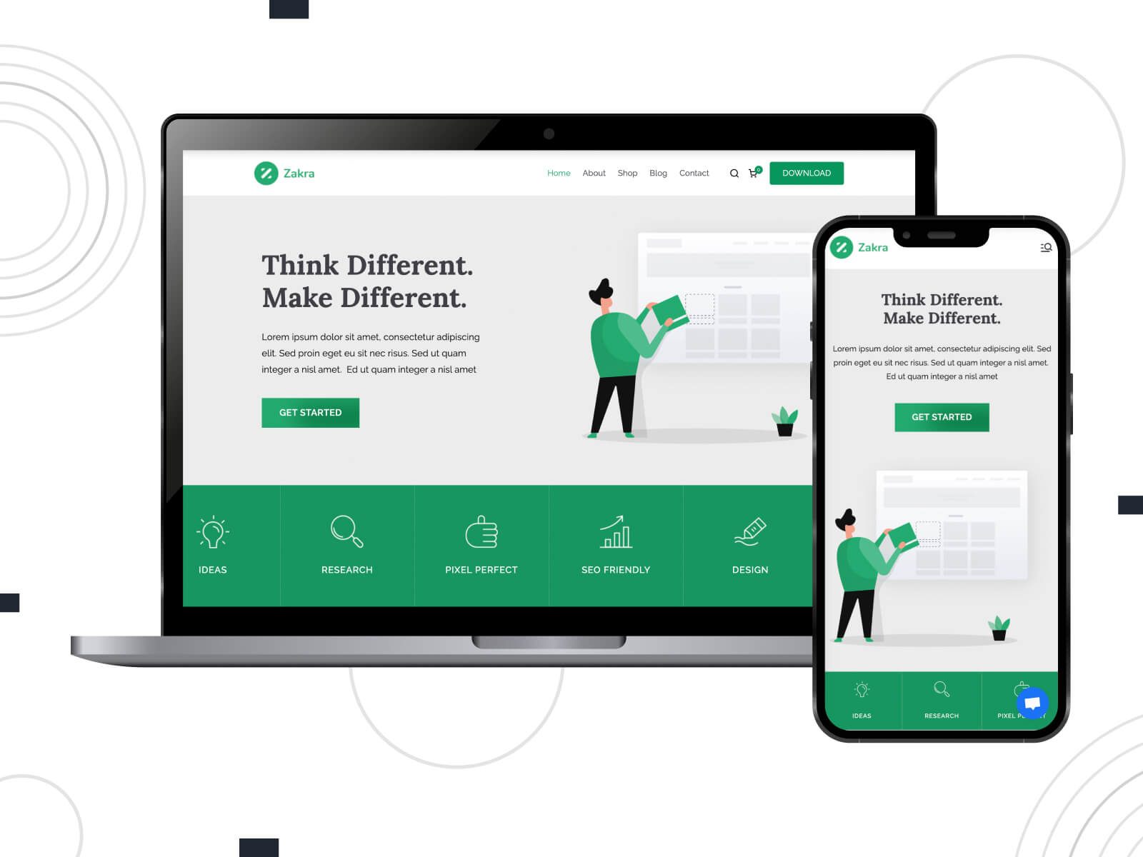 Illustration of Zakra - bright, calm, offering customizable header styles, this theme stands out for its design flexibility among multipurpose WordPress themes in gray, medium aqua marine, and sea green hues.