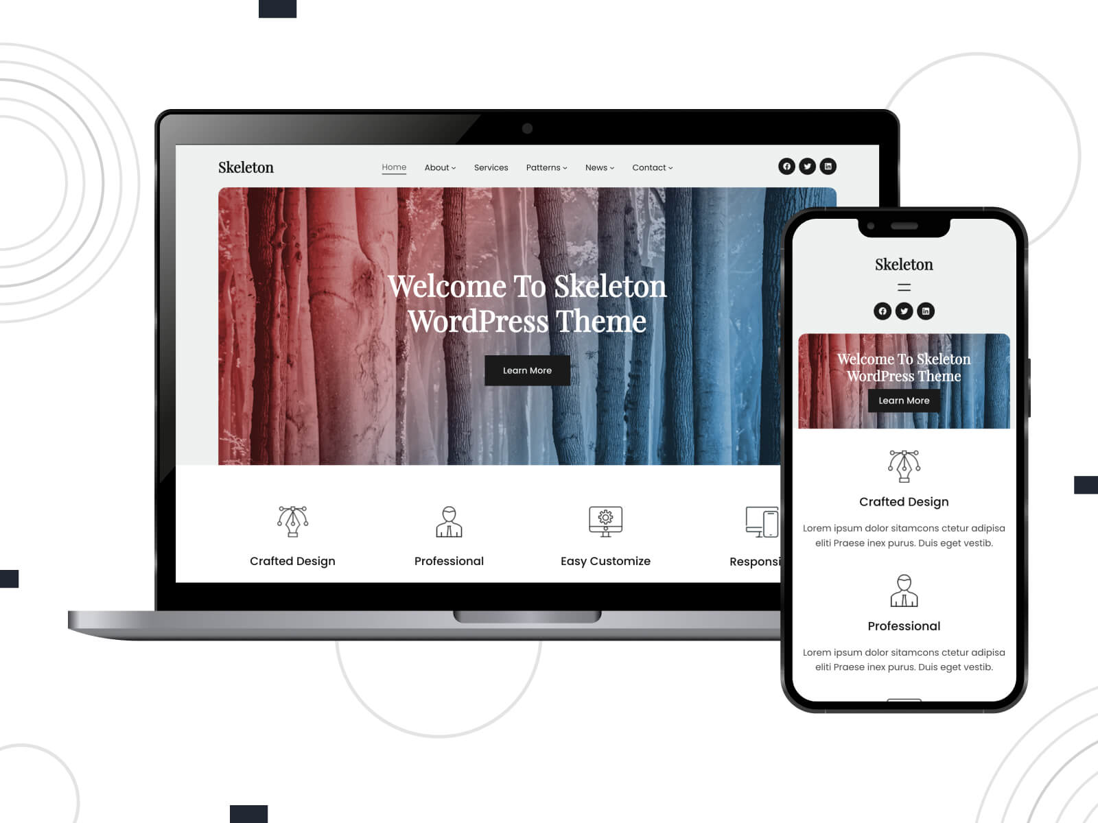 Picture of Skeleton - bright, rich, with a focus on high-resolution graphics, this theme is acclaimed for its visual appeal among multipurpose WordPress themes in maroon, gray, and cadet blue color mix.