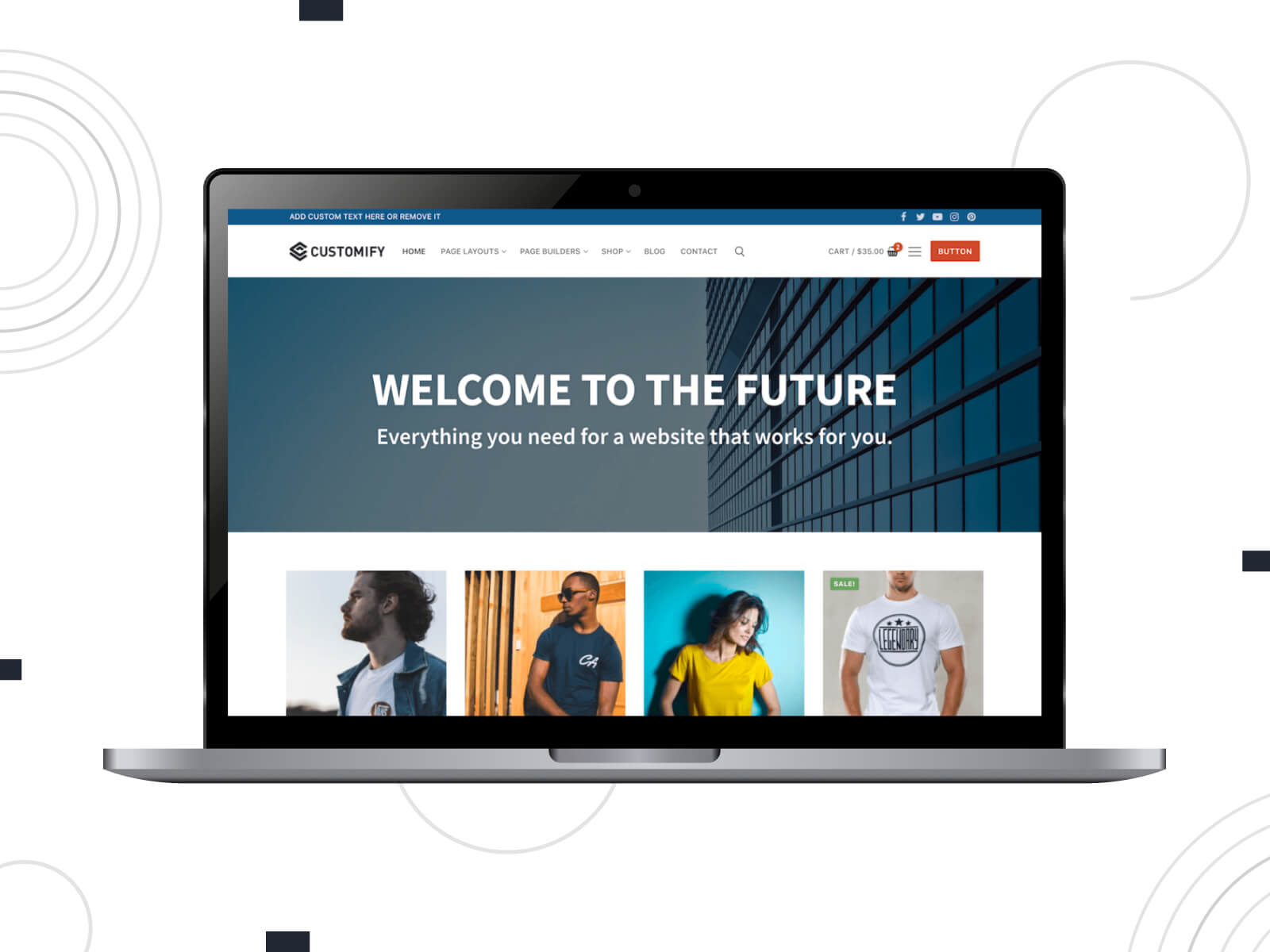 Screenshot of Customify - dim, cool, integrating social media features, this theme is acclaimed among multipurpose WordPress themes for enhanced online presence in goldenrod, medium turquoise, and dark slate gray hues.