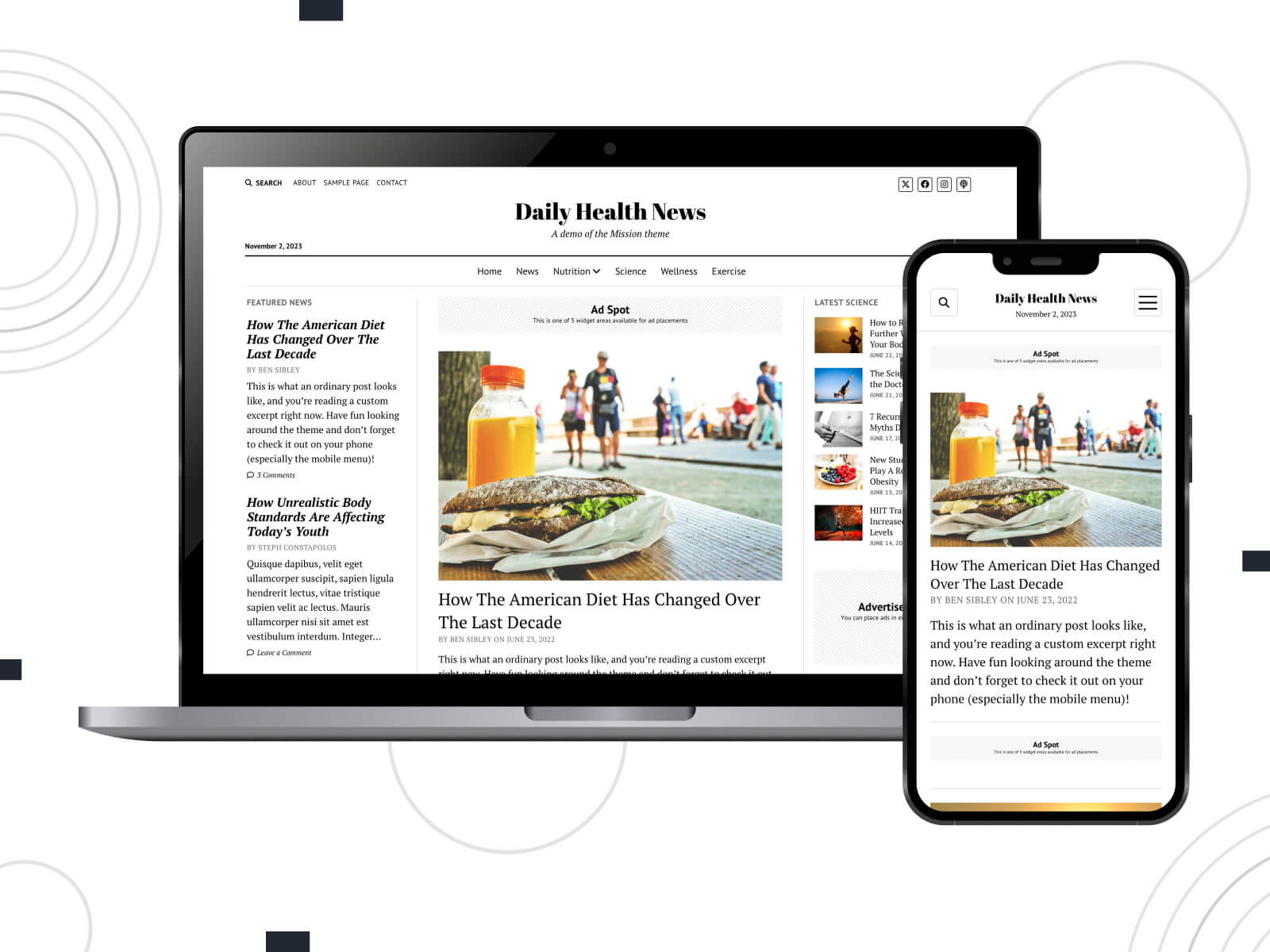 Photo of Mission News Pro - bright, rich, fully adaptable magazine theme with interactive elements in tan, dark olive green, and peru color array.