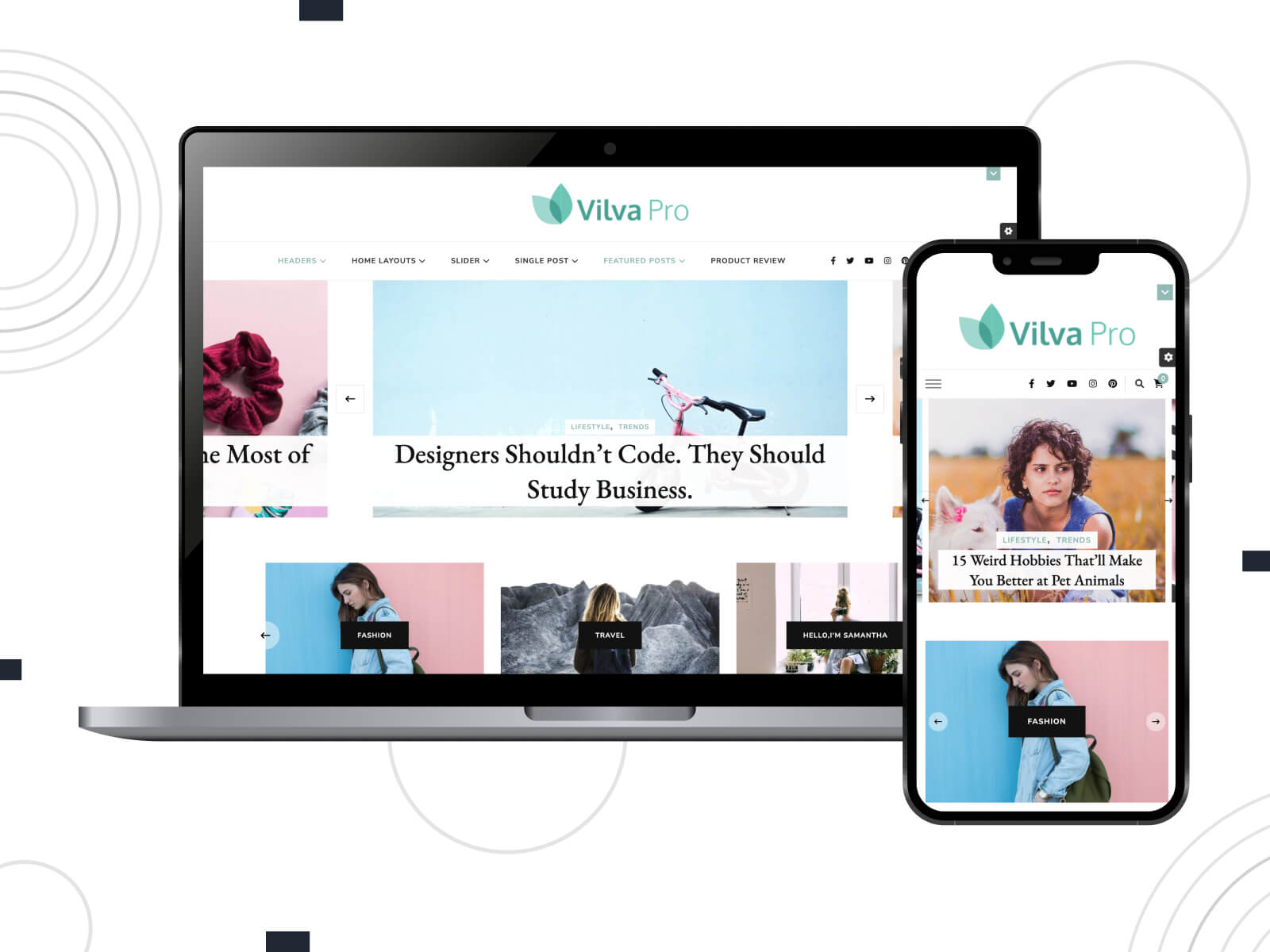 Illustration of vilva-pro - bright, crisp, premium WP theme for professional magazines with booking features in lavender, dim gray, and cadet blue color array.