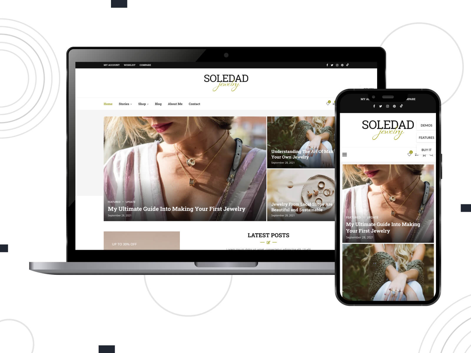 Illustration of Soledad - light, rich, easy-to-navigate magazine theme with video integration in dark olive green, and gray color array.