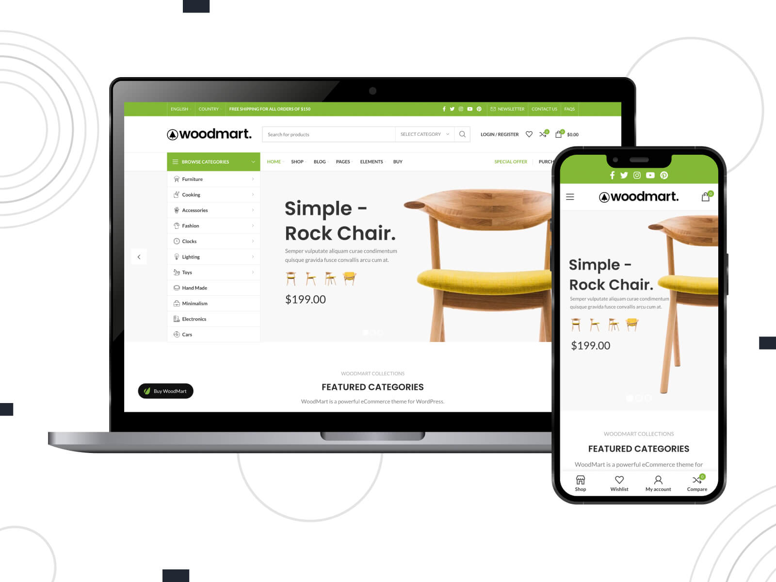 Snapshot of Woodmart - luminous, rich, known for its minimalist design options, this theme is celebrated among multipurpose WordPress themes for sleek websites in peru, sienna, and tan color array.