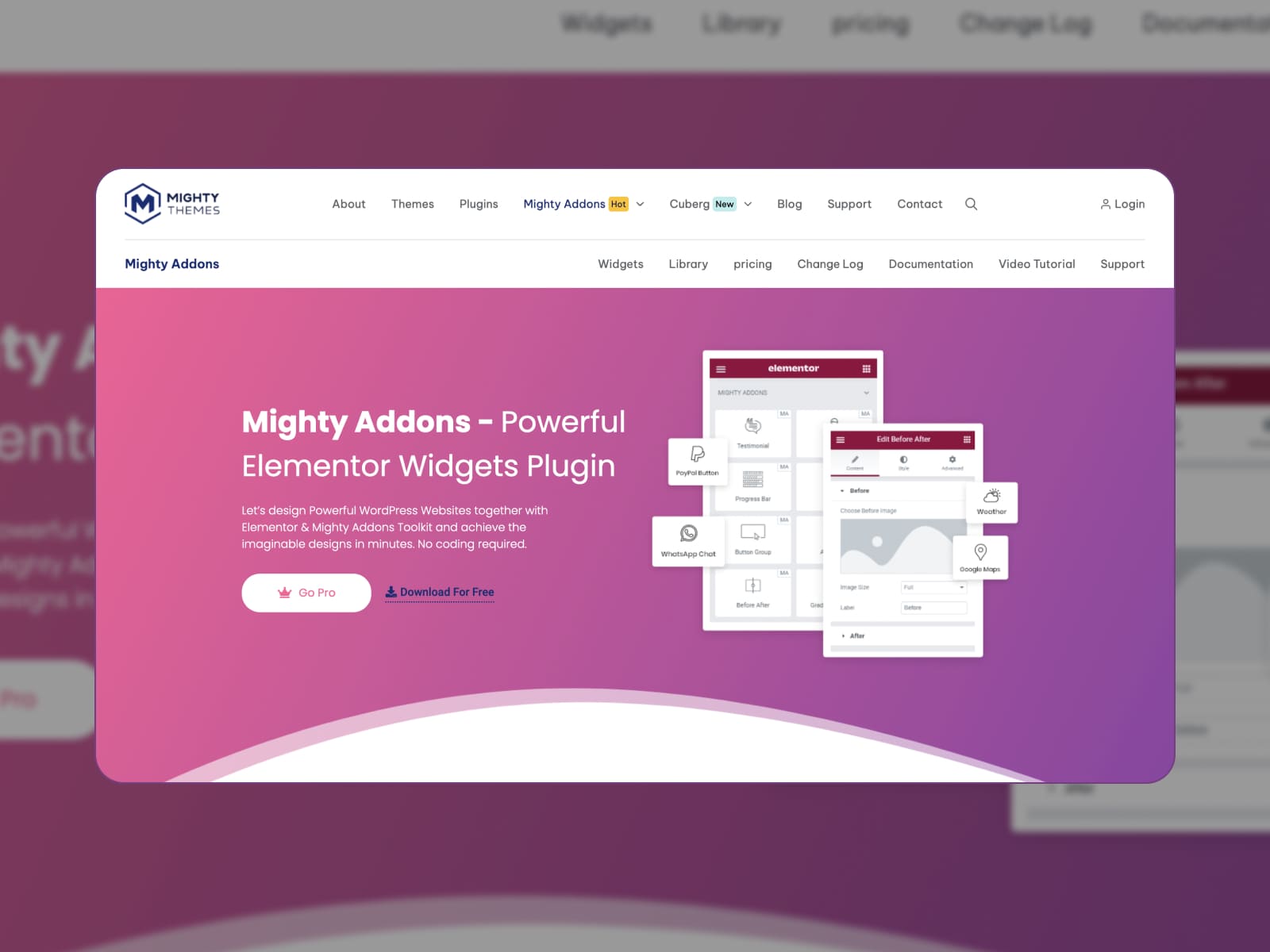 The Mighty Addons for Elementor landing page.