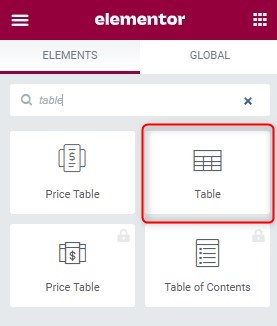 A sidebar with Elementor table widgets.