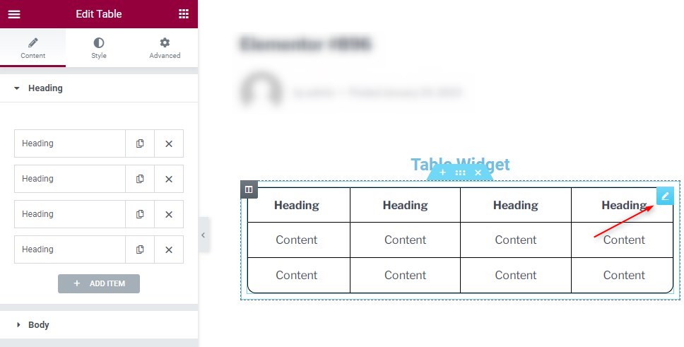 Content settings of a table with four columns and three rows.