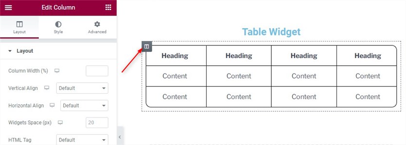 Layout options to create WordPress tables in Elementor.