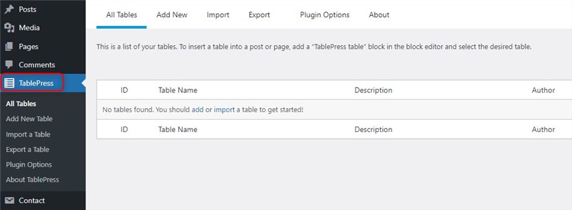 WordPress admin dashboard with the TablePress tab.