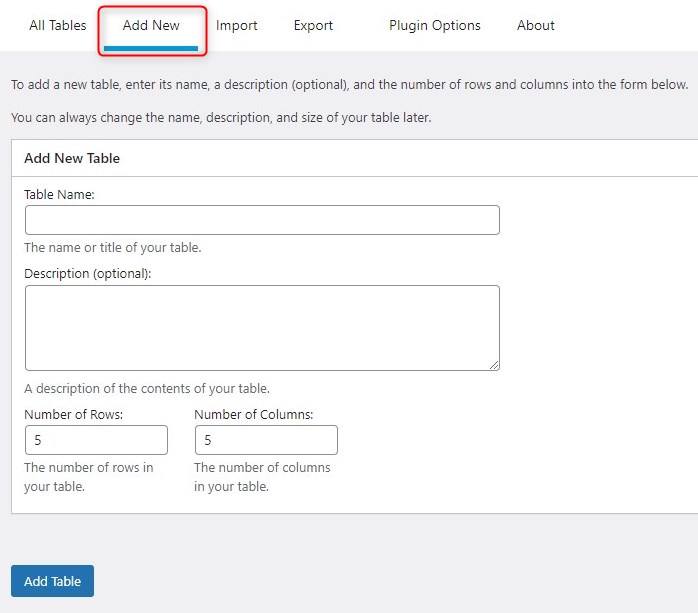 Add New menu in the TablePress tab to create tables in WordPress.